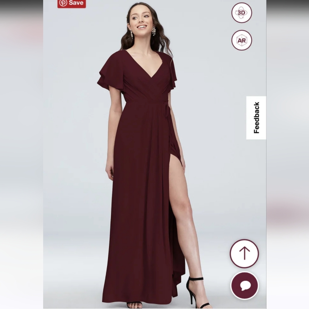 David's Bridal Wine Red Flutter Sleeve Georgette Wrap V-Neck Dress SZ 10